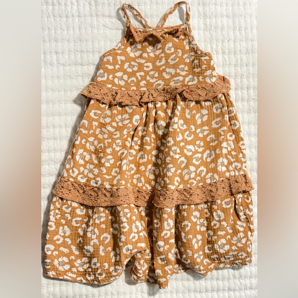 Girls' Rust Leopard Print dress with Lace Trim